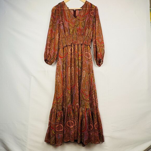 Ann Taylor Womens Shimmer Paisley Smocked Waist Maxi Dress Size 12 Boho Peasant - Picture 1 of 16